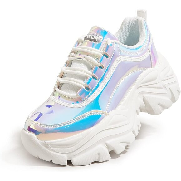 Brand New Women White Hologram Rubber LUCKY STEP Chunky Platform Sneakers - Picture 1 of 7